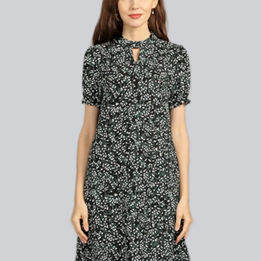 Pocket short sleeve straight over the knee A-line floral dress is slimming - Picture 3 of 5